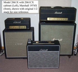 Model 2061x with 2061cx cabinet (left), Marshall 1974X (front) shown with 1971 original half stack for reference.